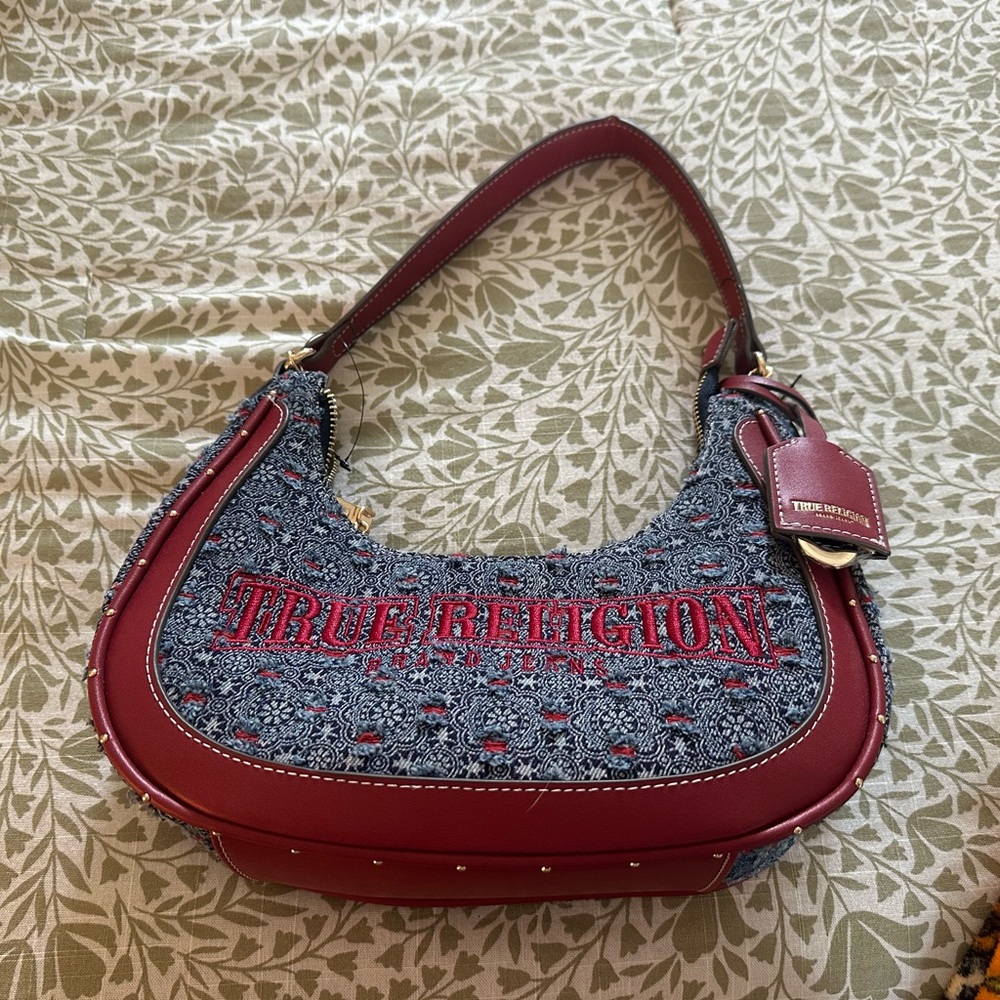 True Religion Burgundy and Denim Shoulder Bag